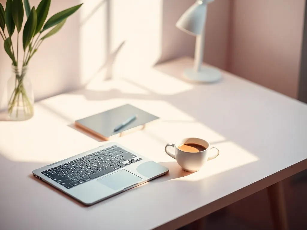 A minimalist workspace with a sleek laptop, a cup of coffee