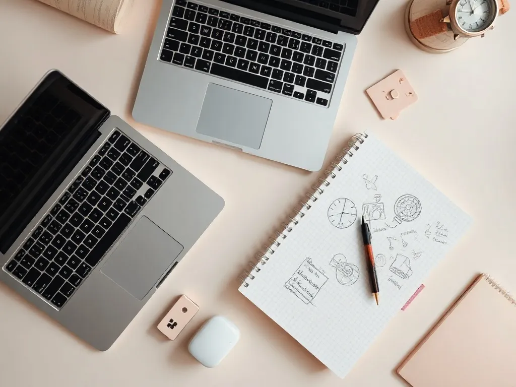 A high-angle shot of a clean desk with a laptop, a notebook