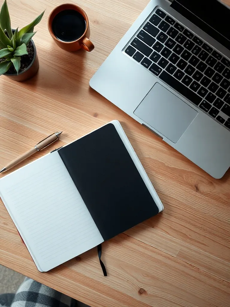 A minimalist workspace with a notebook, a pen, and a laptop
